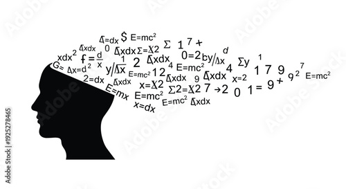 A black silhouette of a human head emits a stream of complex mathematical equations and numbers on a white background.
