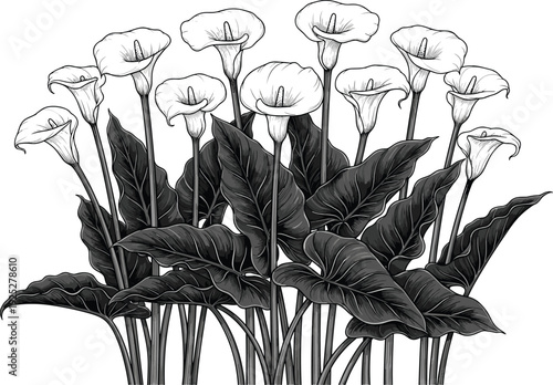 Calla lily flowers botanical illustration, elegant monochrome floral plant arrangement vector artwork, decorative nature bloom design isolated vintage style set