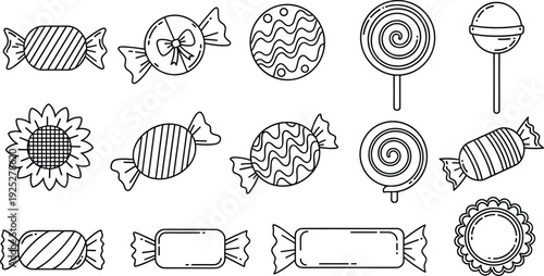 Candy sweets outline icon set lollipop wrapped candy sugar confectionery dessert line art vector illustration isolated design collection pack