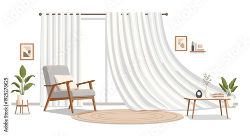 A minimalist living room illustration displays a grey armchair, a round rug, and white striped curtains blowing gently from an open window.