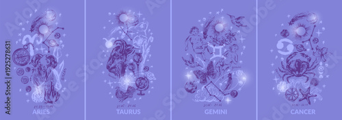 Hand drawn fire zodiac signs illustration set. Taurus aries gemini cancer. Horoscope background with astrology symbols and talismans.