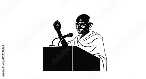 A black and white vector illustration shows a male figure with glasses and a shawl speaking at a dark podium with a microphone.