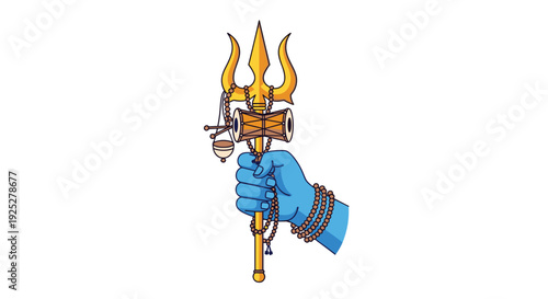 A blue hand firmly grasps a golden trident adorned with a small drum and prayer beads, against a clean white background.