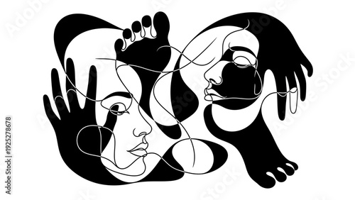 Abstract Female Faces in Black Silhouette.