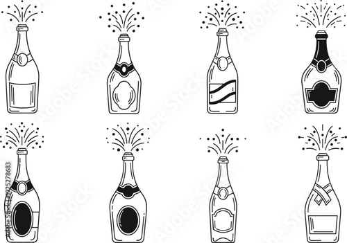 Champagne bottle outline icon set sparkling celebration drink line art vector illustration party toast festive alcohol beverage design collection pack