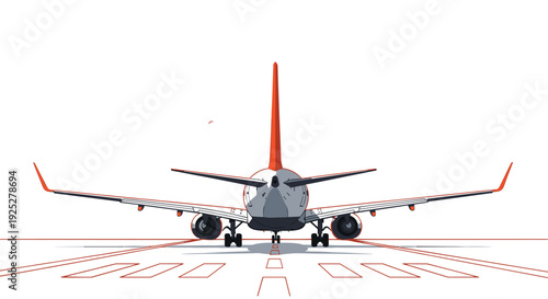 A large passenger airplane, featuring an orange tail fin, is depicted from the rear on a white runway with distinct red markings.
