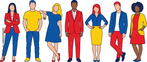 Diverse group of multiracial business professionals and casual people standing together in colorful modern flat vector character style illustration