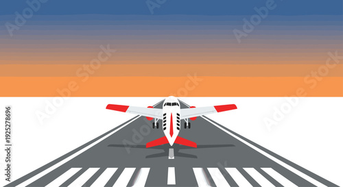 A small white and red private jet is shown from the rear, on a gray runway with white markings, against an orange and blue sky.