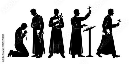 Priest silhouette set praying and holding cross