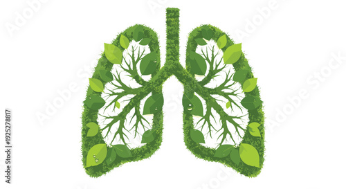 Human lungs are depicted with green grass and prominent large leaves, with brown branches forming the bronchial system, on a white background.