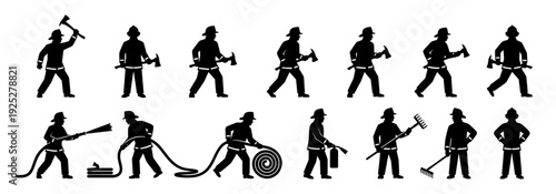 Firefighter silhouette set with hose axe and extinguisher