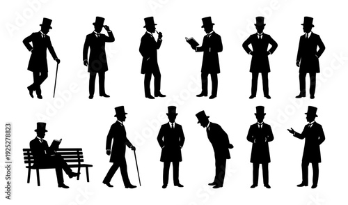 Victorian gentleman silhouette set with top hat and cane