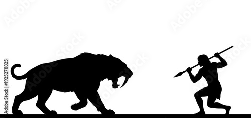Primitive man silhouette hunting saber toothed tiger with spear