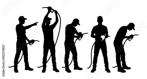 Gas station worker silhouette set holding fuel nozzle
