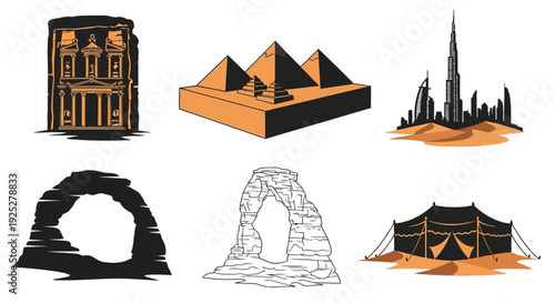Ancient Architectural Structures and Landmarks Illustrations.
