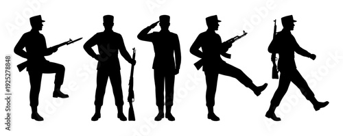 Soldier silhouette set marching and saluting with rifle