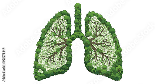 Human lungs are composed of dense green trees and abundant foliage, with brown branches forming the internal bronchial structure, against a white background.