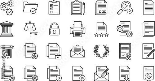 Document management line icons set, file security office workflow outline vector illustration, business paperwork symbols collection isolated design pack bundle