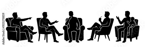 Man silhouette set sitting in armchair and talking