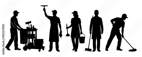 Cleaning service worker silhouette set with mop and bucket