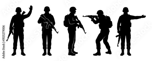 Soldier silhouette set with rifle and tactical gear