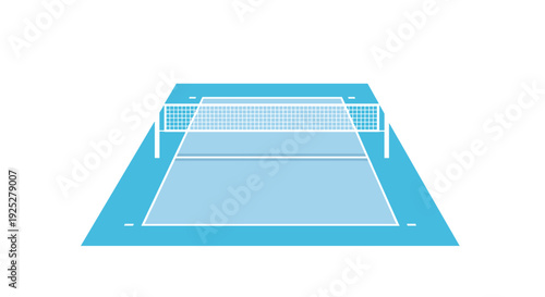 A pristine light blue volleyball court with a white net is centrally depicted on a clean white background in a minimalist illustration.