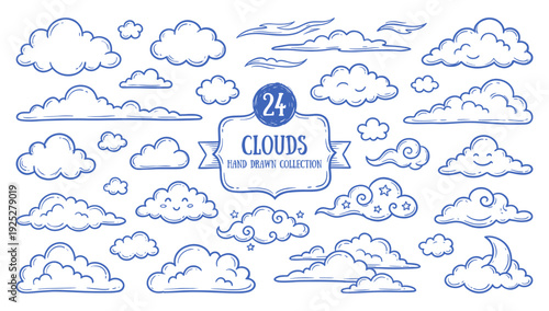 Hand drawn cloud collection in blue ink sketch style