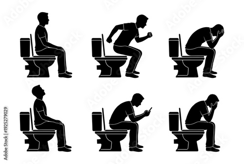 Man silhouette set sitting on toilet in different poses