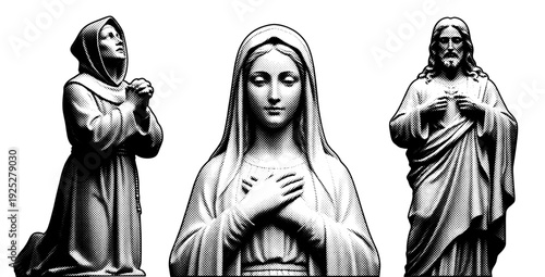 Religious sculpture set with Virgin Mary and Jesus Christ