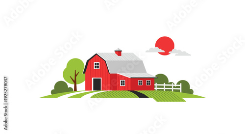 A vibrant red barn with a gray roof is nestled amidst rolling green hills and trees, under a red sun and a small cloud.