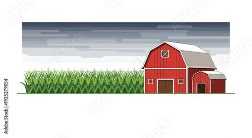 A large red barn with an attached shed stands beside a dense field of green corn stalks under a dark, cloudy sky.