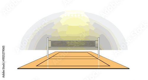 An empty volleyball court with orange lines and a white net is brightly illuminated by overhead stadium lights, casting a warm glow.