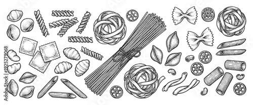 Pasta types set in vintage engraving style