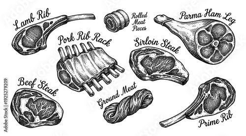 Meat collection with beef steak pork rib and ham