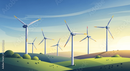 Scenic Wind Farm at Golden Hour with Multiple Wind Turbines on Lush Green Hills under a Warm Sunset Sky