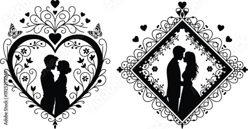 Black vector silhouette set of romantic couples in heart and diamond shaped floral frames for wedding anniversary valentines day and engagement card branding