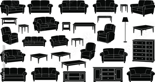 Living room furniture silhouette set sofa armchair table cabinet lamp interior design elements vector collection home decor illustration pack
