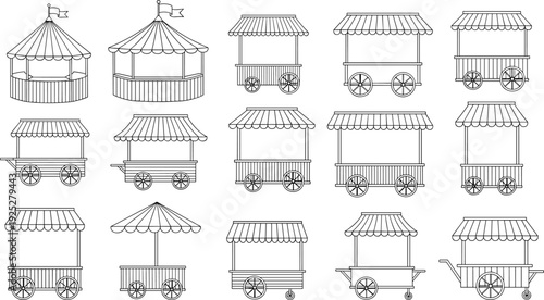 Market stall kiosk cart outline set street food booth vendor stand festival shop line art vector collection illustration pack