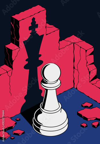Minimalist career concept with white pawn and dramatic queen shadow on bold red textured backdrop