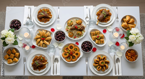 Wallpaper Mural Elegant table setting filled with diverse Middle Eastern cuisine and desserts, perfect for an Eid al-Fitr celebration with family. Torontodigital.ca