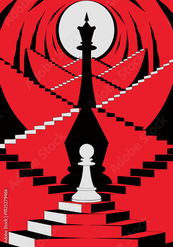 Symbolic business illustration showing pawn's potential through royal shadow on dark red background