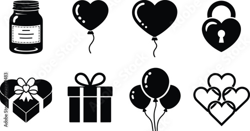 Black vector silhouette set of romantic icons featuring heart balloons gift boxes a mason jar and a lock for Valentines Day and wedding branding