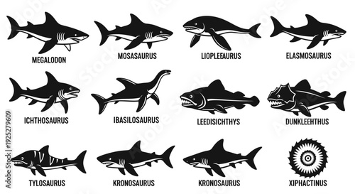 Collection of Prehistoric Shark Silhouettes.
