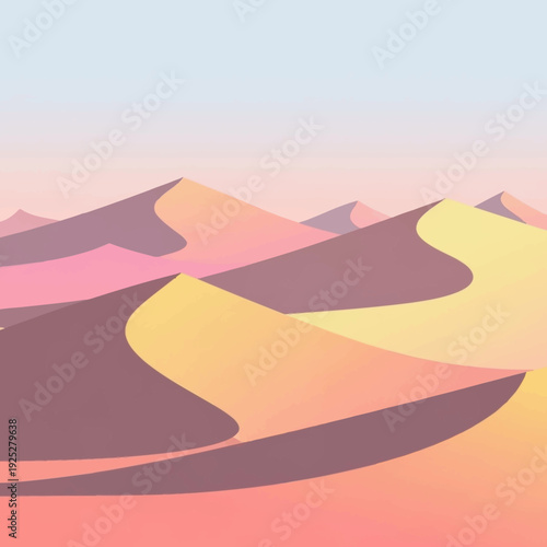 Colorful Desert Landscape with Rolling Sand Dunes at Sunset or Sunrise, Peaceful Nature Scene