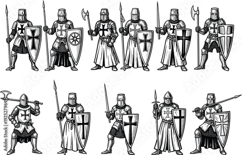Medieval knight crusader warrior collection vector illustration armored soldier with shield sword spear historical medieval armor character set design