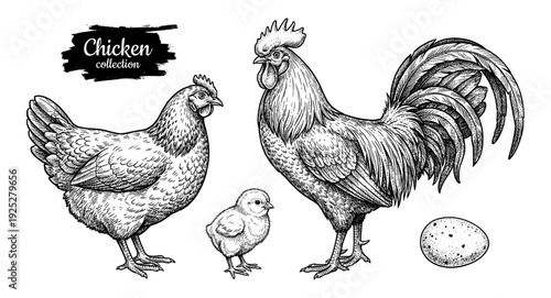 Chicken family with rooster and hen in vintage engraving style