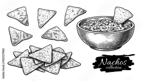 Nachos chips and salsa bowl in vintage engraving style