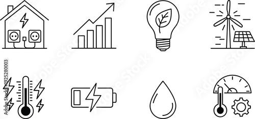 Renewable energy and eco technology line icons set solar wind power electricity battery efficiency sustainability vector outline illustration collection