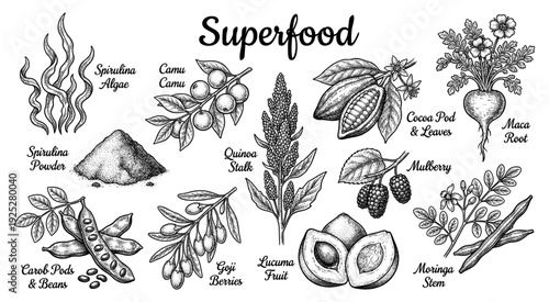 Superfood collection set in vintage engraving style