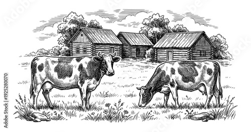 Cows in village farm landscape in vintage engraving style